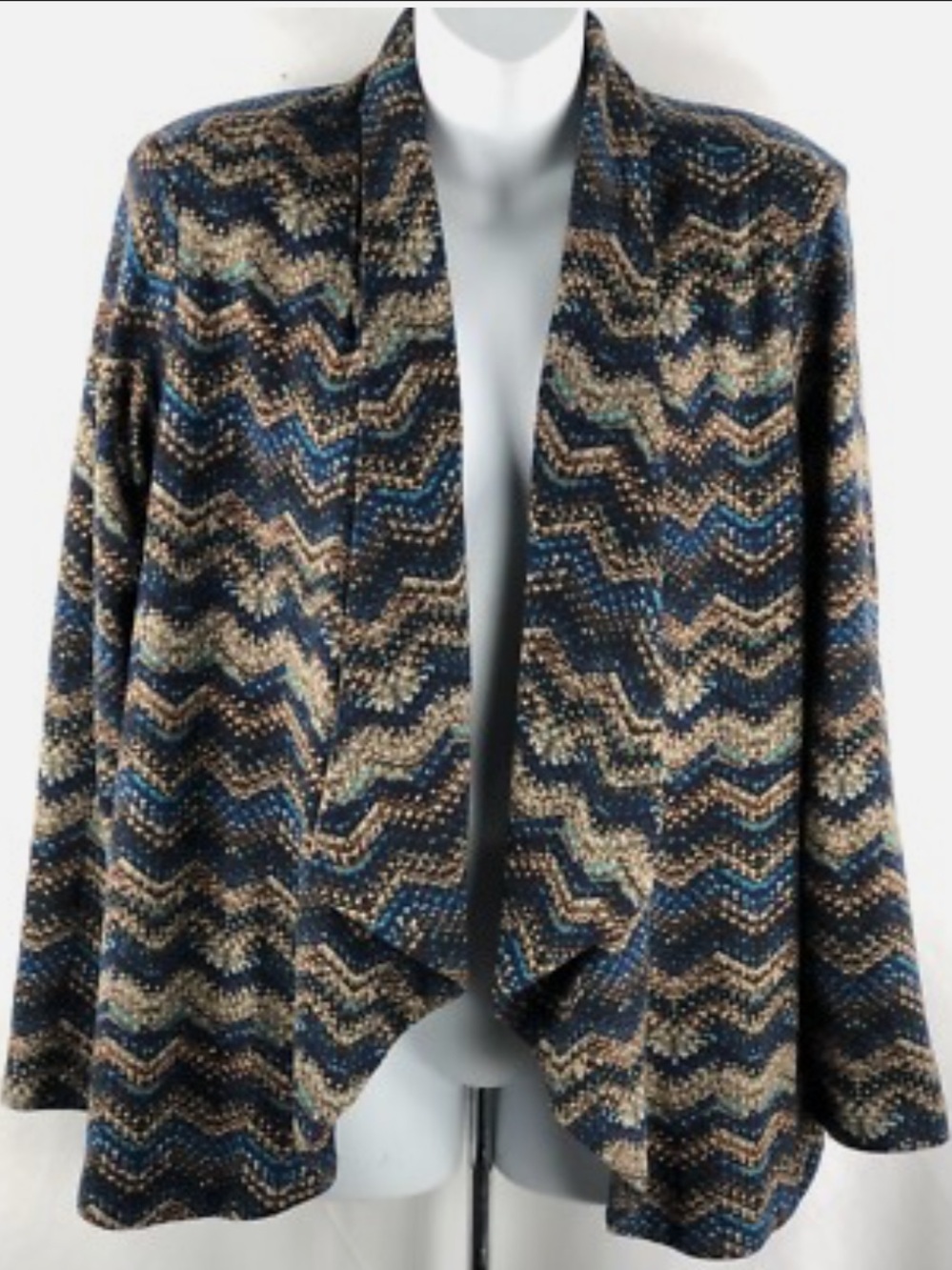 Roz & Ali Women’s XL Teal Navy Brown Chevron Open Front Drape Cardigan in EUC